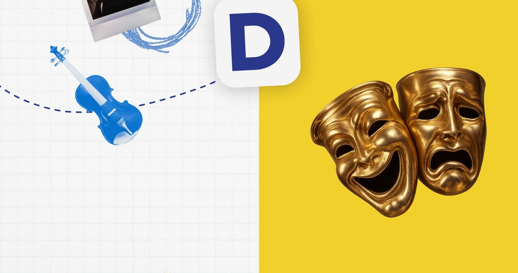 Fond d'image jaune avec des masques de théâtre